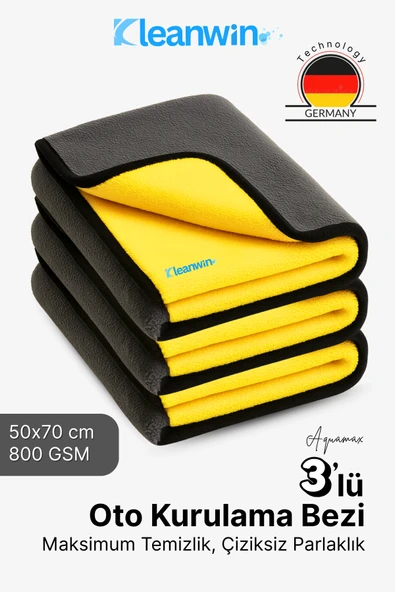 Kleanwin AquaMax 3’lü Set 50x70 cm Mikrofiber 800 GSM Oto Kurulama Havlusu – Çift Katlı Ultra Emici Havlu ürün görseli