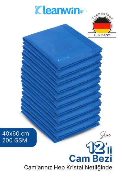 Kleanwin Shine 12’li Set 40x60cm Mikrofiber Cam Bezi Mavi–Ev ve Oto Temizlik Bezi, İz Bırakmaz Mikrofiber Bez ürün görseli