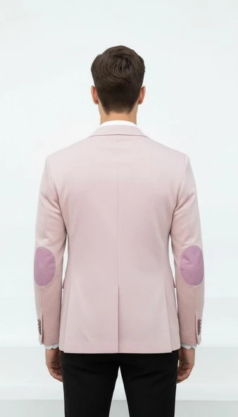 Plus Scorpion Açık Pembe Erkek İtalyan Kesim Blazer Ceket – Kol Yamali, Slim Fit, Şık ve Modern Tasarım - Resim 4
