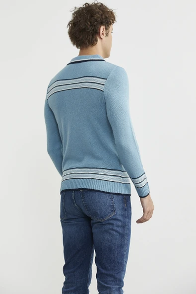 Polo Yaka Kilim Motifli Triko Kazak - Açık Mavi - Resim 5