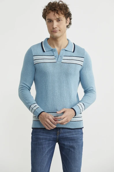 Polo Yaka Kilim Motifli Triko Kazak - Açık Mavi - Resim 3