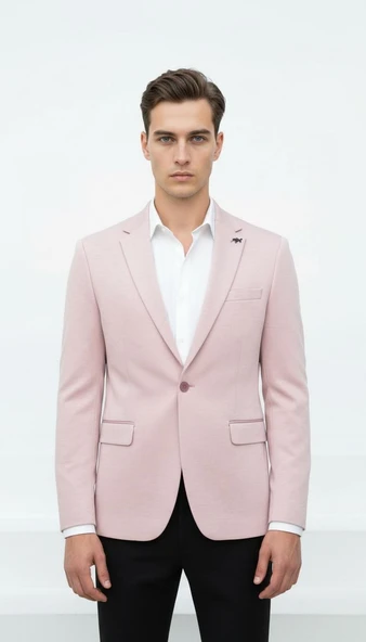 Plus Scorpion Açık Pembe Erkek İtalyan Kesim Blazer Ceket – Kol Yamali, Slim Fit, Şık ve Modern Tasarım ürün görseli