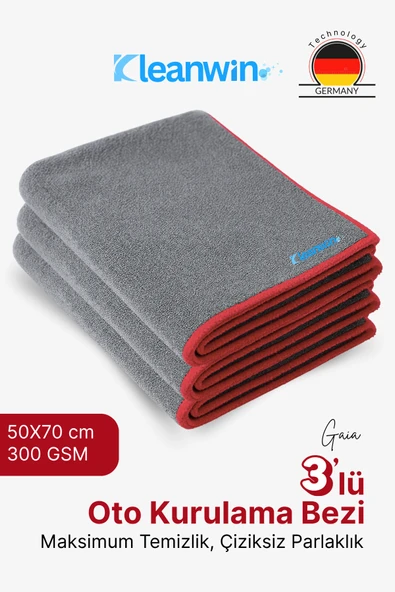 Kleanwin Gaia 3'lü 50x70cm Mikrofiber Kurulama Bezi 300 GSM | Oto Kurulama Havlusu, Araç ve Cam Temizlik Bezi ürün görseli