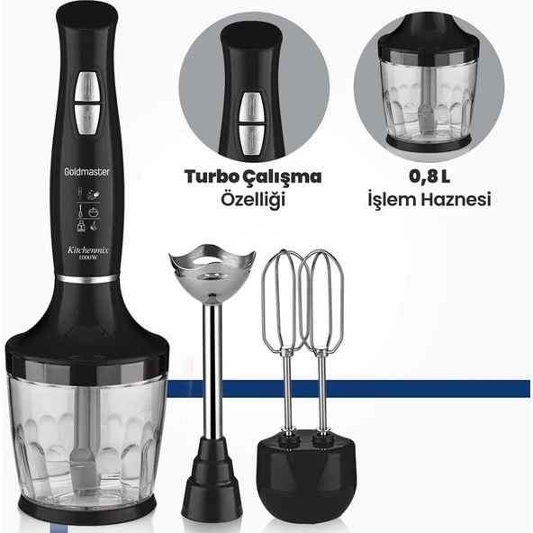 Goldmaster Kitchenmix IN-6140S  1000W Güçlü Motor Turbo Hız Ayarlı 3 In 1 Blender Set Siyah - Resim 2