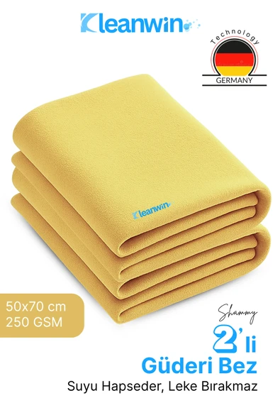 Kleanwin Shammy 2’li Set Gold Güderi Bez | 50x70 cm | 240 GSM | Oto Kurulama Bezi, Emici Araç ve Ev Bezi ürün görseli