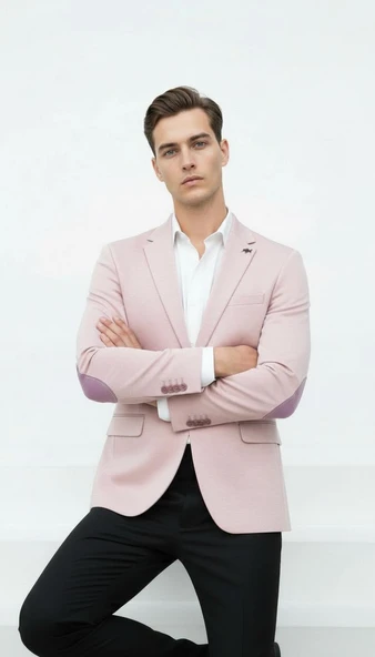 Plus Scorpion Açık Pembe Erkek İtalyan Kesim Blazer Ceket – Kol Yamali, Slim Fit, Şık ve Modern Tasarım - Resim 3