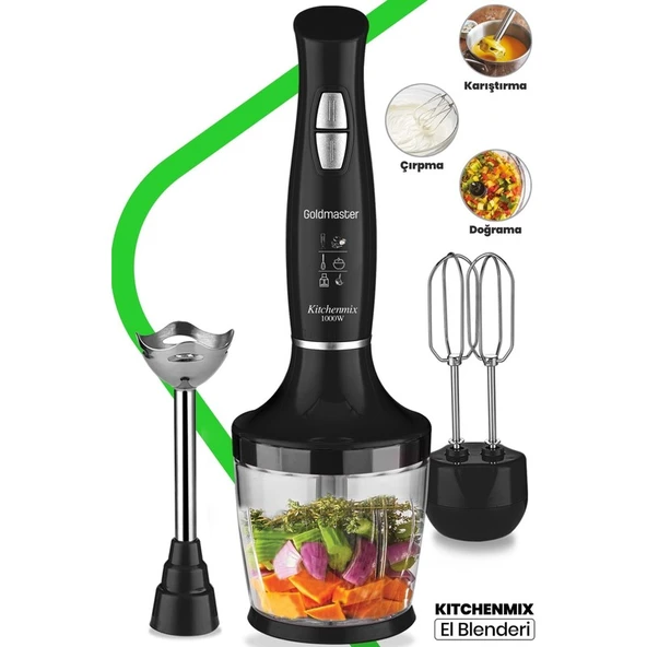 Goldmaster Kitchenmix 1000W Güçlü Motor Turbo Hız Ayarlı 3 In 1 Blender Set Siyah ürün görseli