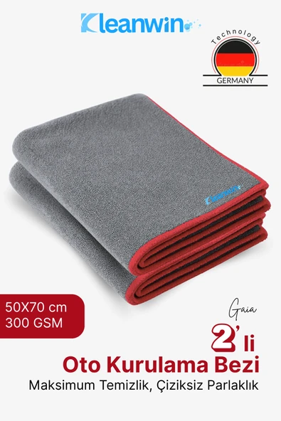 Kleanwin Gaia 2'li 50x70cm Mikrofiber Kurulama Bezi 300 GSM | Oto Kurulama Havlusu, Araç ve Cam Temizlik Bezi ürün görseli