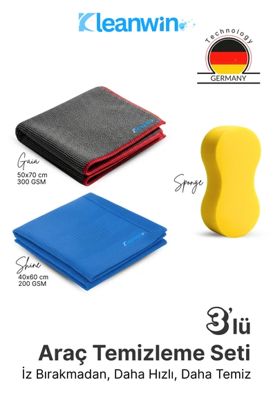 Kleanwin 3’lü Mikrofiber Oto Yıkama Seti | Sünger + Oto Kurulama Bezi + Araba Cam Bezi | Araç Temizleme Seti ürün görseli