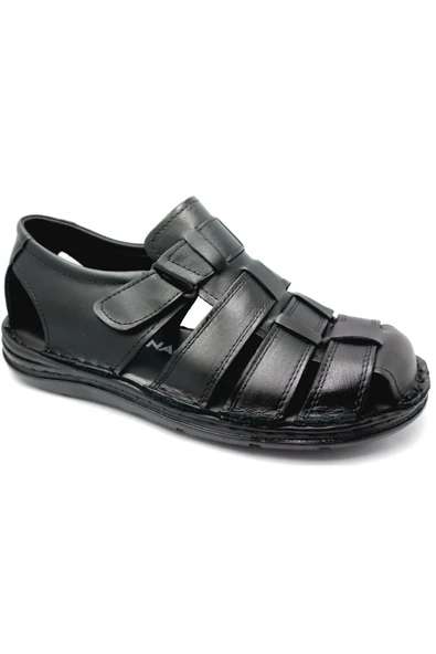 Siyah Erkek Jelli Kapalı Hakiki Deri Sandalet - Resim 2