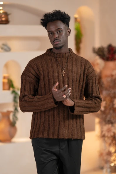 Oversize Kendinden Çizgili Pamuklu Kalın Triko Spor Kazak - Resim 2