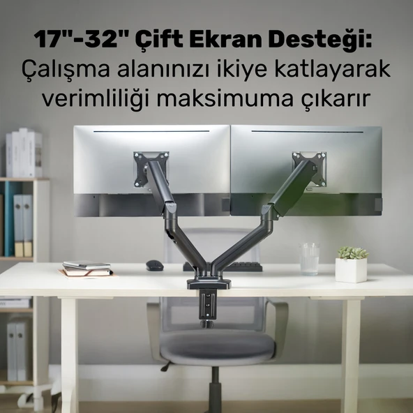 NPO STD46024E Airgrip 17"-32" Ergonomik 360° Amortisörlü VESA Çift Kol Monitör Tutucu - Resim 3