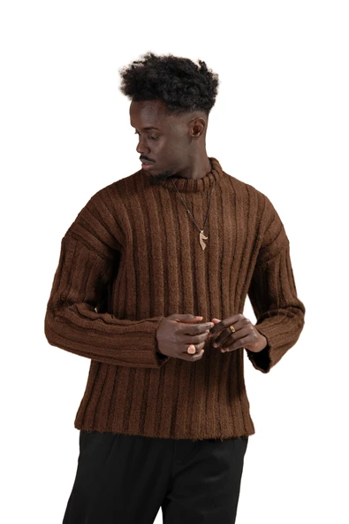 Oversize Kendinden Çizgili Pamuklu Kalın Triko Spor Kazak ürün görseli