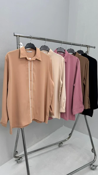 Kadın Büyük Beden Uzun Kollu Önde Ara Biye Detaylı Dökümlü Kumaş Gömlek 1991 - 5