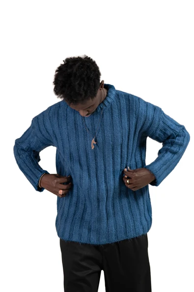 Oversize Kendinden Çizgili Pamuklu Kalın Triko Spor Kazak - Resim 12