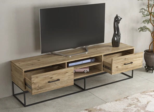 LENDA Laturo 2 Çekmeceli Metal Ayaklı Raflı Tv Sehpası - Atlantik Çam - 3