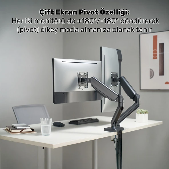 NPO STD46024E Airgrip 17"-32" Ergonomik 360° Amortisörlü VESA Çift Kol Monitör Tutucu - Resim 4