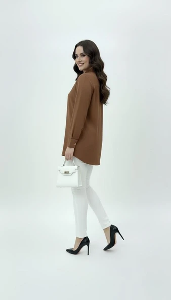 Kadın Büyük Beden Uzun Kollu Önde Ara Biye Detaylı Dökümlü Kumaş Gömlek 1991 - 7