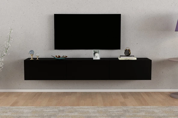 LENDA Yaren 3 Kapaklı Duvara Monte Tv Ünitesi - Siyah - 2