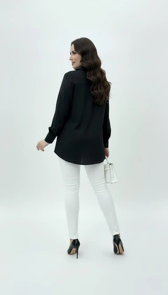 Kadın Büyük Beden Uzun Kollu Önde Ara Biye Detaylı Dökümlü Kumaş Gömlek 1991 - 4