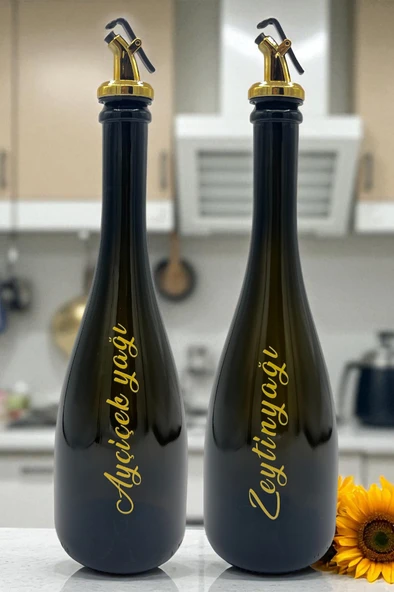 Amber Renk Kabartma Baskılı 750 ML Cam Yağdanlık Şişe 2'li Sofra Mutfak Sunum Sosluk