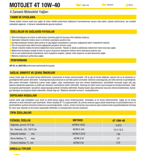 HSGL Lubran 4T MotoJet 10W-40 API SL Motor Yağı 1 Litre Yüksek Performanslı 4 Zamanlı Motosiklet Yağ - Resim 2