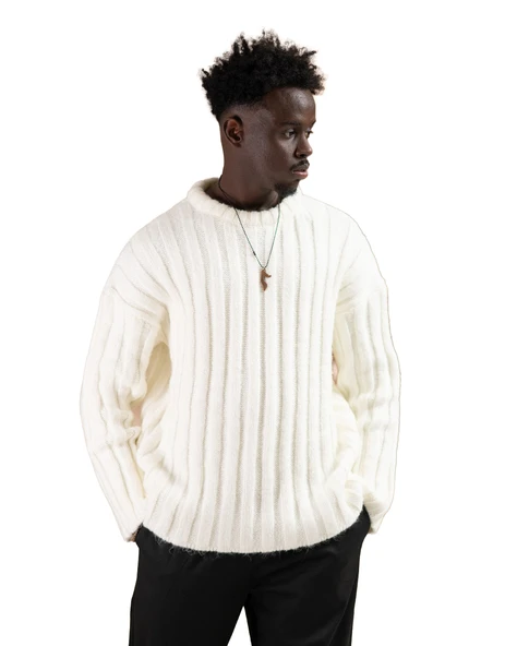 Oversize Kendinden Çizgili Pamuklu Kalın Triko Spor Kazak - Resim 6