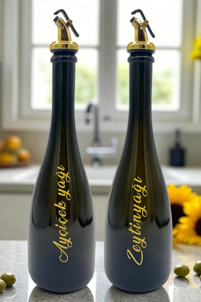 Amber Renk Kabartma Baskılı 750 ML Cam Yağdanlık Şişe 2'li Sofra Mutfak Sunum Sosluk - 2