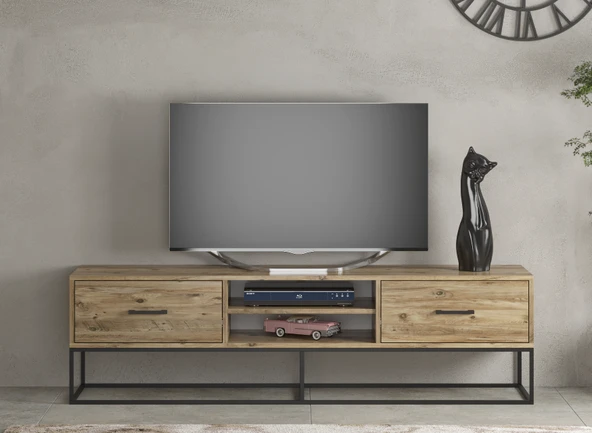 LENDA Laturo 2 Çekmeceli Metal Ayaklı Raflı Tv Sehpası - Atlantik Çam - 2