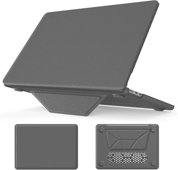 Apple Macbook Air 15inç M2/M3 A2941 A3114 Kılıf Synthetic İpeksi Deri Standlı Havalandırmalı Kapak 2023 2024 - Resim 3