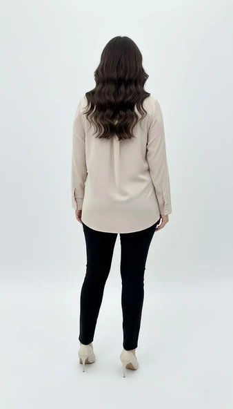 Kadın Büyük Beden Uzun Kollu Önde Ara Biye Detaylı Dökümlü Kumaş Gömlek 1991 - 12