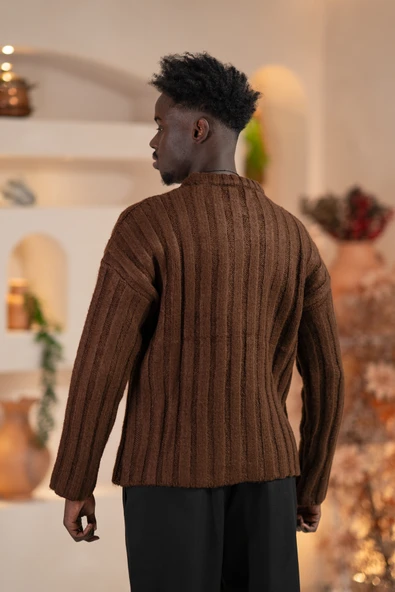 Oversize Kendinden Çizgili Pamuklu Kalın Triko Spor Kazak - Resim 5