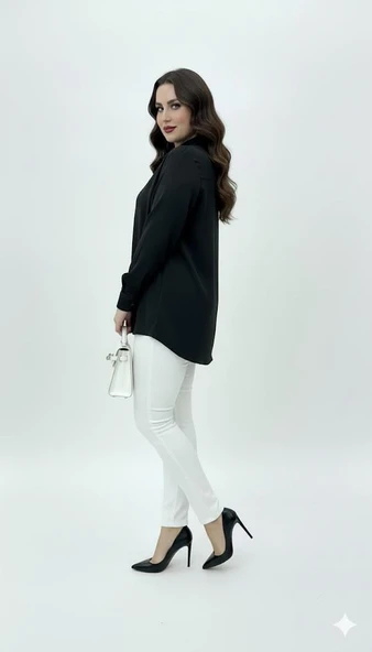 Kadın Büyük Beden Uzun Kollu Önde Ara Biye Detaylı Dökümlü Kumaş Gömlek 1991 - 3