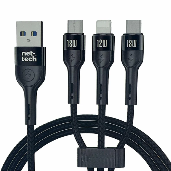 Nettech NT-DC13 İp Örgü 100 Cm USB To Micro + Lightning + Type-C Şarj ve Data Kablosu NT-DC13 ürün görseli