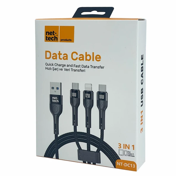 Nettech NT-DC13 İp Örgü 100 Cm USB To Micro + Lightning + Type-C Şarj ve Data Kablosu NT-DC13 - Resim 3