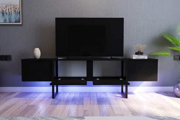 LENDA Melen 180 cm Metal Ayaklı 2 Kapaklı LEDLİ Tv Sehpası - Siyah - 2