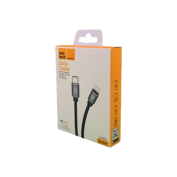 Nettech NT-DC11 PD 20W İp Örgü 300 Cm Type-C To Lightning Şarj ve Data Kablosu NT-DC11 - Resim 5