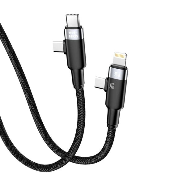 Nettech NT-DC45 60W+30W Plastik 100 Cm Type-C To Type-C+Lightning Şarj ve Data Kablosu NT-108316 ürün görseli