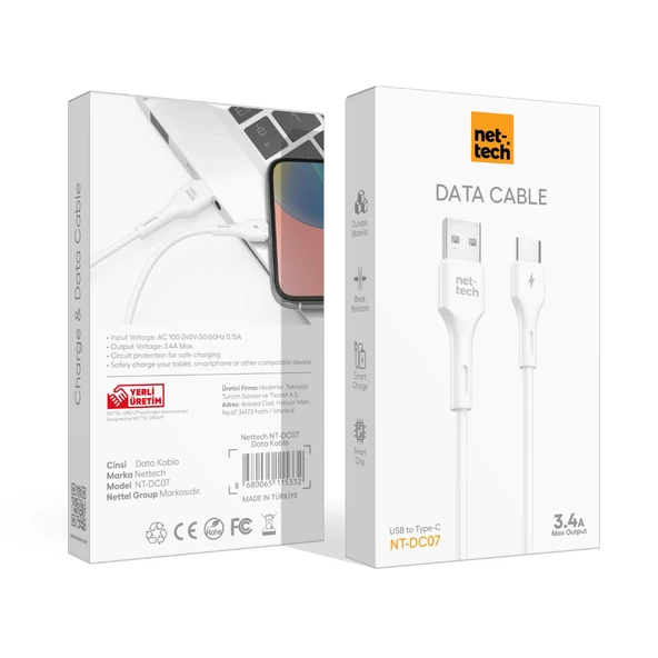 Nettech NT-DC07 3.4A Plastik 100 Cm Type-C Şarj ve Data Kablosu NT-DC07 - Resim 3