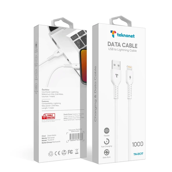 Teknonet TN-DC17 Plastik 100 Cm Lightning Şarj ve Data Kablosu NT-96629 - Resim 3