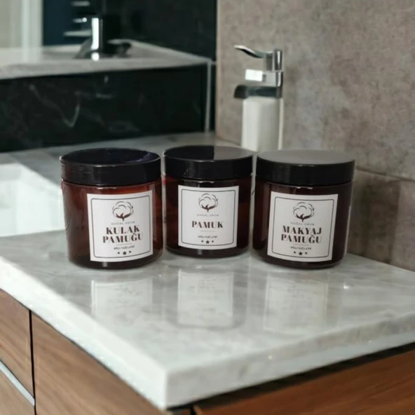 Plastik Amber Renk Kavanoz Banyo Düzenleyici 3lü Set Şık Makyaj Kulak Pamuğu Kabı - 5