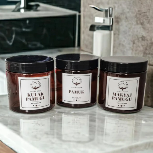 Plastik Amber Renk Kavanoz Banyo Düzenleyici 3lü Set Şık Makyaj Kulak Pamuğu Kabı