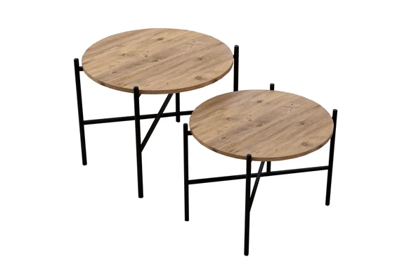 LENDA Porto 2'li Yuvarlak Metalli Orta Sehpa- Atlantik Çam - 3