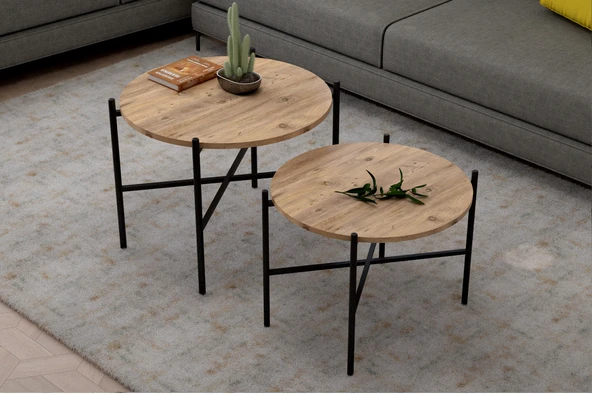 LENDA Porto 2'li Yuvarlak Metalli Orta Sehpa- Atlantik Çam