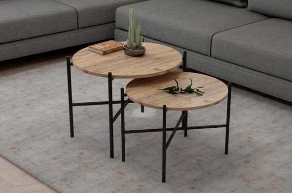 LENDA Porto 2'li Yuvarlak Metalli Orta Sehpa- Atlantik Çam - 2