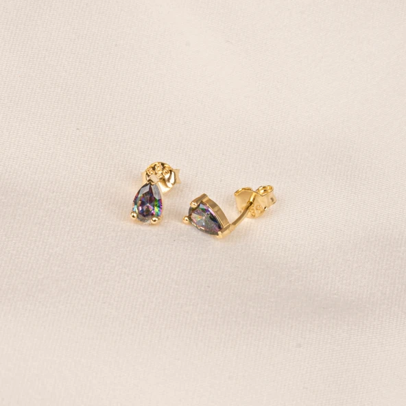 Altın Küpe - 14 Ayar Altın Damla Desenli Mistik Topaz Taşlı Küpe - 3