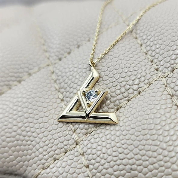 Altın Kolye - 0.20 Karat Pırlanta Möntürü (Signity Swarovski) Taşlı V Tasarım 14 Ayar Altın Kolye - Resim 3
