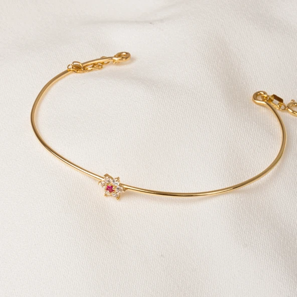 Altın Bilezik - Yakut Taşlı Çiçek Tasarım Zarif 14 Ayar Altın Bilezik - 6