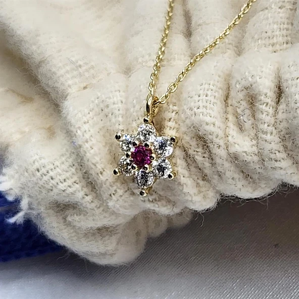 Altın Kolye - Ortası Yakut Taşlı Çiçek 14 Ayar Altın Kolye - 8