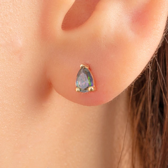 Altın Küpe - 14 Ayar Altın Damla Desenli Mistik Topaz Taşlı Küpe